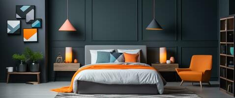 AI generated a bedroom with a dark gray wall and orange decor and accessories photo
