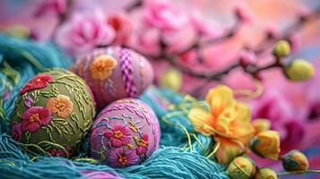 AI generated beautiful colored background embroidered with threads on the theme of Easter photo