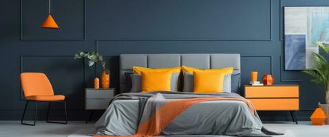 AI generated a bedroom with a dark gray wall and orange decor and accessories photo