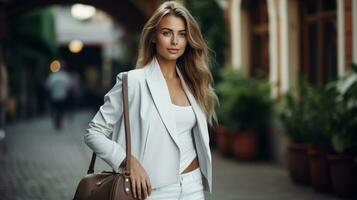 AI generated beautiful woman wearing tan jacket holding a handbag in the street photo