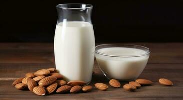 AI generated almond milk in bottle and bowl with almonds photo