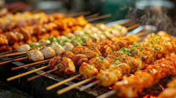 AI generated Vibrant street food scene with sizzling grills, exotic spices, and tempting treats photo