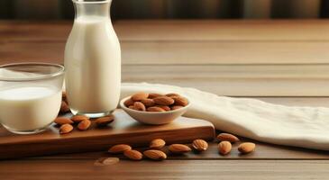 ai generado almendra Leche en botella y cuenco con Almendras foto