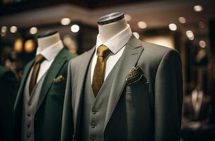 AI generated an image of men's suits in a boutique fashion store with a vest and tie photo