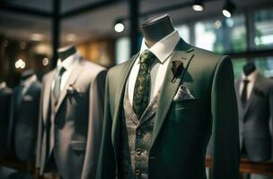 ai generado un imagen de de los hombres trajes en un boutique Moda Tienda con un chaleco y Corbata foto