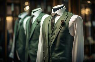 ai generado un imagen de de los hombres trajes en un boutique Moda Tienda con un chaleco y Corbata foto