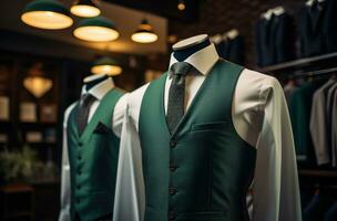 AI generated an image of men's suits in a boutique fashion store with a vest and tie photo