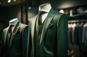 AI generated an image of men's suits in a boutique fashion store with a vest and tie photo