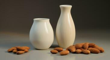 AI generated almond milk in bottle and bowl with almonds photo