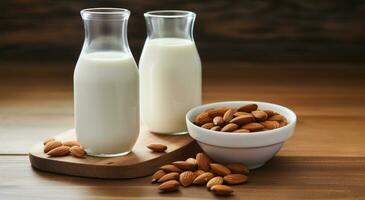 ai generado almendra Leche en botella y cuenco con Almendras foto