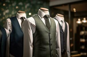 ai generado un imagen de de los hombres trajes en un boutique Moda Tienda con un chaleco y Corbata foto