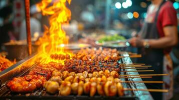 AI generated Vibrant street food scene with sizzling grills, exotic spices, and tempting treats photo