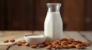 AI generated almond milk in bottle and bowl with almonds photo