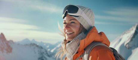 AI generated a woman smiling on a mountain slope with ski goggles on photo