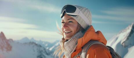 ai generado un mujer sonriente en un montaña Pendiente con esquí gafas de protección en foto