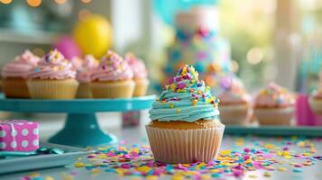 AI generated Vibrant confetti swirls around a table set with cupcakes photo