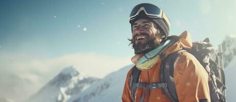 AI generated a skier with skis and goggles is smiling in the snow photo