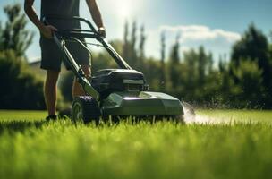 AI generated a person is mowing grass on the lawn photo