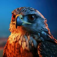 AI generated a hawk has its bright plumage against the red and blue sky photo