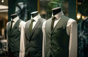 AI generated an image of men's suits in a boutique fashion store with a vest and tie photo