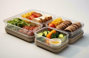 ai generado en caja ensalada comida contenedores con Fresco comida y tenedores foto