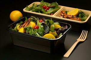 ai generado en caja ensalada comida contenedores con Fresco comida y tenedores foto