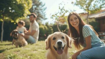 ai generado hermosa Anuncio foto de contento hermosa familia jugando con perro en jardín con Copiar espacio