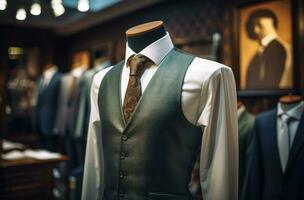 ai generado un imagen de de los hombres trajes en un boutique Moda Tienda con un chaleco y Corbata foto