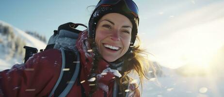 ai generado un esquiador con esquís y gafas de protección es sonriente en el nieve foto