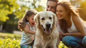 AI generated beautiful advertisment photo of happy beautiful family playing with dog in garden with copy space