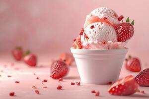 AI generated Realistic ice cream ad mockup with strawberry photo