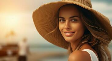 ai generado playa hermosa niña en un sombrero sonriente, foto