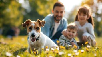 ai generado hermosa Anuncio foto de contento hermosa familia jugando con perro en jardín con Copiar espacio