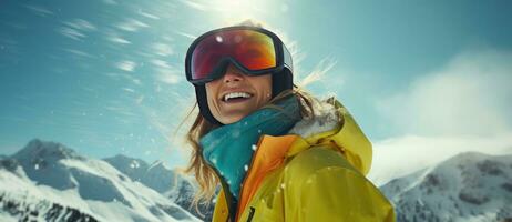 ai generado un esquiador con esquís y gafas de protección es sonriente en el nieve foto