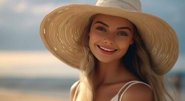 ai generado playa hermosa niña en un sombrero sonriente, foto