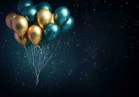 AI generated colorful balloons flying in the air on dark background, glittery and shiny, smokey background photo