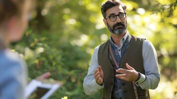 AI generated Dapper entrepreneur leads an outdoor team-building exercise, inspiring excellence photo