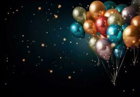AI generated colorful balloons flying in the air on dark background, glittery and shiny, smokey background photo
