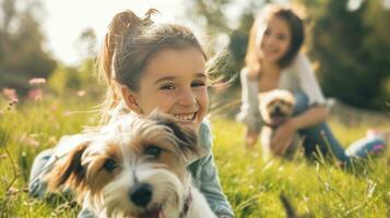 ai generado hermosa Anuncio foto de contento hermosa familia jugando con perro en jardín con Copiar espacio