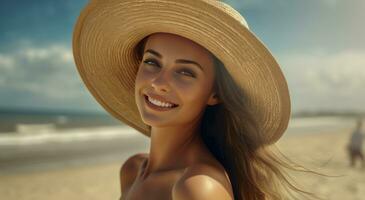 AI generated beach beautiful girl on a hat smiling, photo