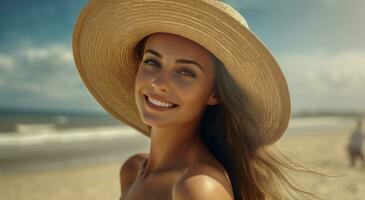 ai generado playa hermosa niña en un sombrero sonriente, foto