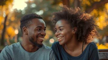 AI generated Dynamic duo sharing giggles on a park bench, cherishing lighthearted moments photo