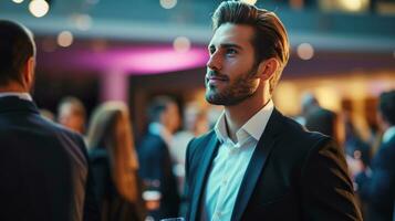 AI generated Businessman impeccably dressed, seamlessly networking photo