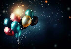 AI generated colorful balloons flying in the air on dark background, glittery and shiny, smokey background photo