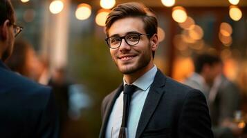 AI generated Businessman impeccably dressed, seamlessly networking photo