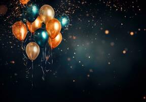 AI generated colorful balloons flying in the air on dark background, glittery and shiny, smokey background photo