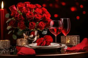 AI generated red roses on valentine's day table at home with wine glasses photo