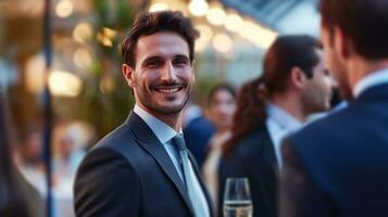 AI generated Businessman impeccably dressed, seamlessly networking photo