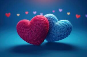 AI generated colorful hearts made of yarn on a blue background photo