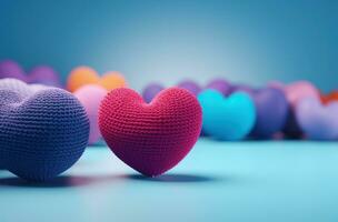 AI generated colorful hearts made of yarn on a blue background photo